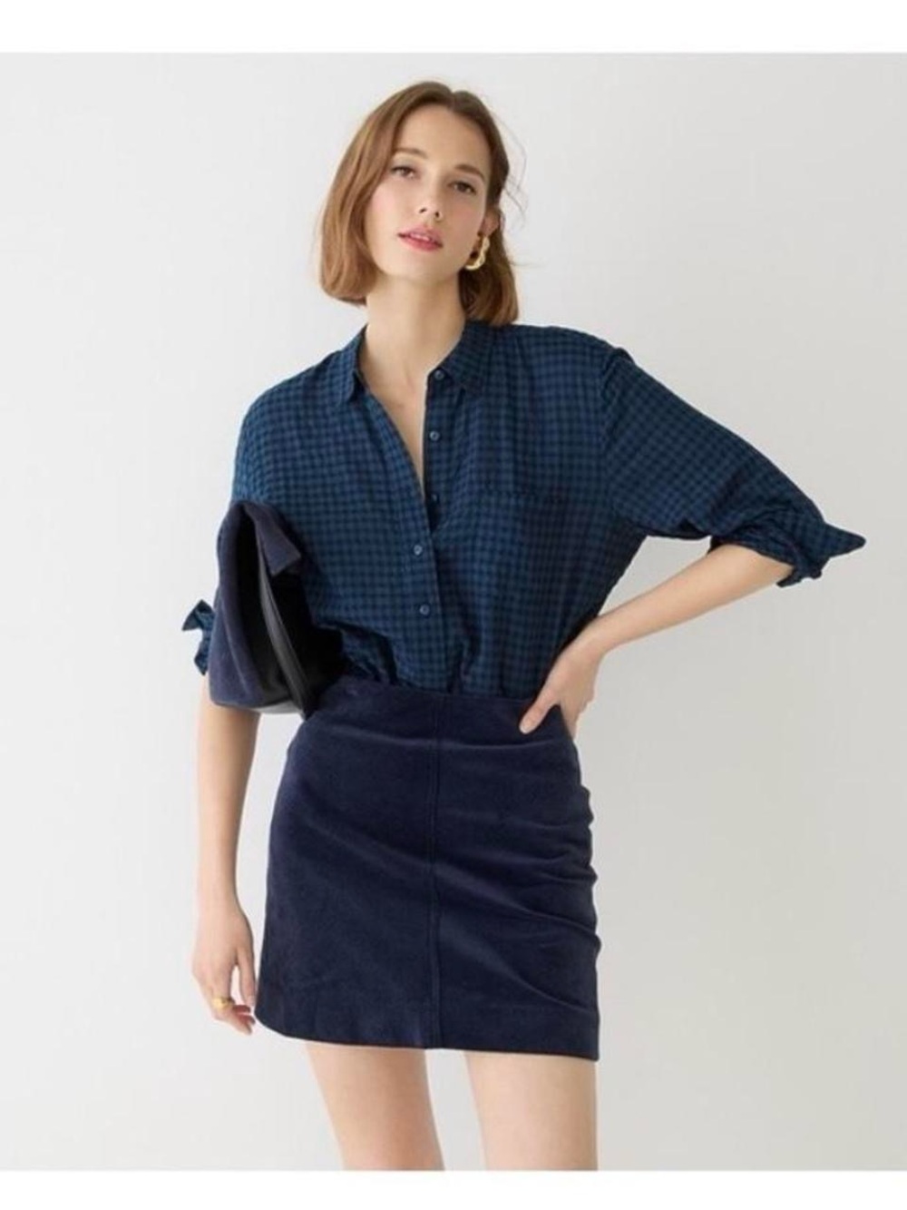 J. Crew Navy Check Preppy Popover Button-Up Shirt Sz 8